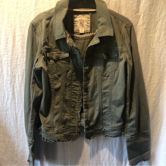 anchor blue Jackets & Blazers - Anchor Blue army green cotton jean jacket ruffle edge details semi crop length M